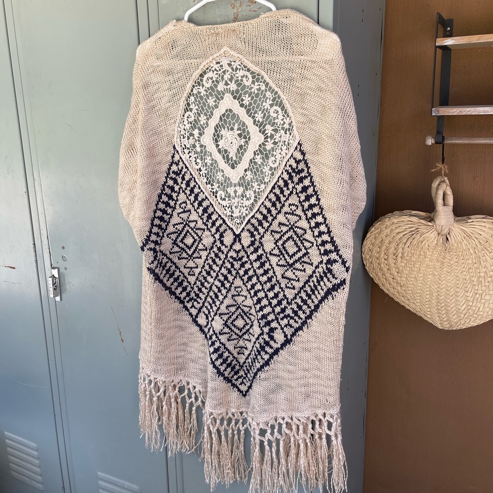 Cream Knit Shawl with Fringe